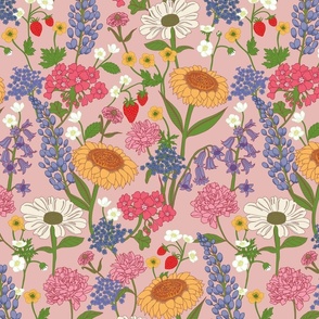 Whimsical Floral Wallpaper - colorful bright and happy flowers - pink - small