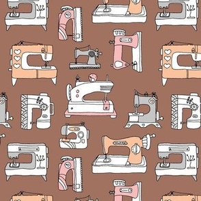 The Fashion Designer - sewing machine vintage fifties housewife hobby orange pink on coffee brown