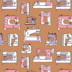 The Fashion Designer - sewing machine vintage fifties housewife hobby lilac pink on burnt orange