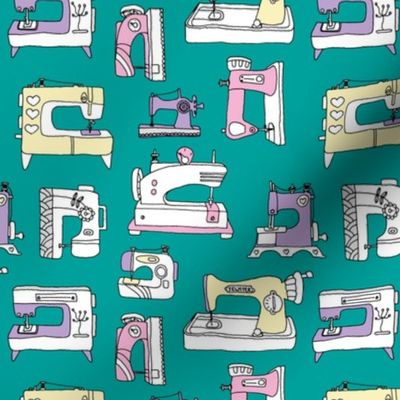 The Fashion Designer - hand crafting sewing machine vintage fifties housewife hobby yellow lilac pink on teal