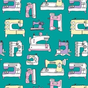 The Fashion Designer - hand crafting sewing machine vintage fifties housewife hobby yellow lilac pink on teal