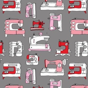 The Fashion Designer - sewing machine vintage fifties housewife hobby pink blush red on cool gray