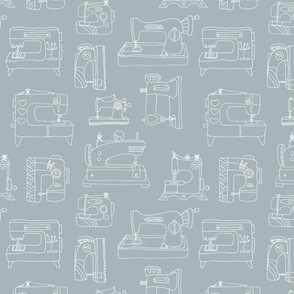 Minimalist hand drawn sewing machines - hand crafting lovers and fashion designers fifties retro eclectic design white on moody blue