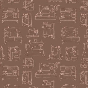 Minimalist hand drawn sewing machines - hand crafting lovers and fashion designers fifties retro eclectic design beige on chocolate brown