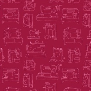 Minimalist hand drawn sewing machines - hand crafting lovers and fashion designers fifties retro eclectic design pink on ruby red