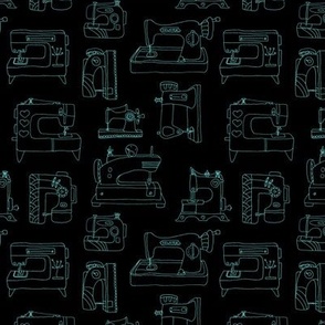 Minimalist hand drawn sewing machines - hand crafting lovers and fashion designers fifties retro eclectic design teal on black