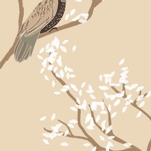 romantic birds in a tree white leaves or flowers on a beige neutral background- large scale