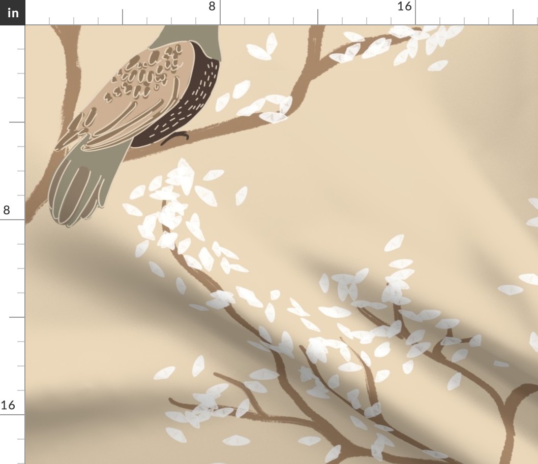 romantic birds in a tree white leaves or flowers on a beige neutral background- large scale