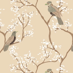 romantic birds in a tree white leaves or flowers on a beige neutral background- medium scale