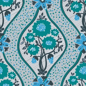 Doodle florals ogee in blue and green on gray background Large scale