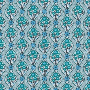 Doodle florals ogee in blue and green on gray background Small scale