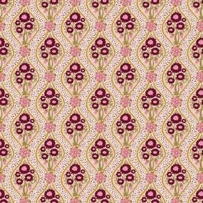 Doodle florals ogee in wine and olive green on beige background Small scale