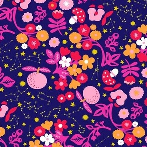 Space florals with astro celestials in bold optimistic pinks and oranges on navy blue Medium scale