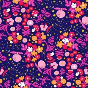 Space florals with astro celestials in bold optimistic pinks and oranges on navy blue Small scale