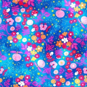 Space florals with astro celestials in bold optimistic pinks and oranges on azur spacey blue Small scale