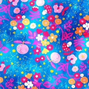 Space florals with astro celestials in bold optimistic pinks and oranges on azur spacey blue Medium scale