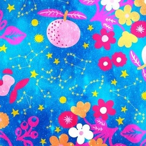 Space florals with astro celestials in bold optimistic pinks and oranges on azur spacey blue Large scale