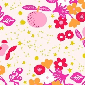 Space florals with astro celestials in bold optimistic pinks and oranges on cream Large scale