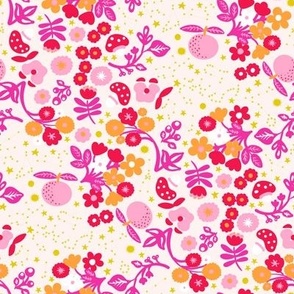 Space florals with astro celestials in bold optimistic pinks and oranges on cream Small scale