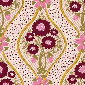 Doodle florals ogee in wine and olive green on beige background Large scale