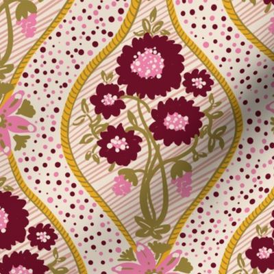 Doodle florals ogee in wine and olive green on beige background Medium scale