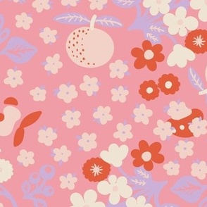Retro blooming meadow in pink and red Large scale