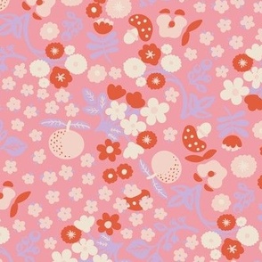 Retro blooming meadow in pink and red Medium scale