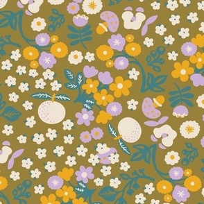 Retro blooming meadow in blush pink lila violet and olive green Large scale