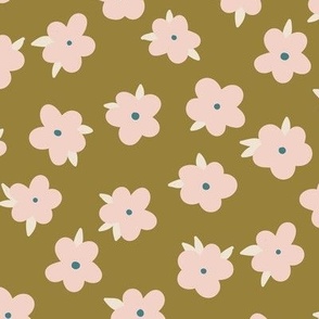 Retro wild roses in blush pink on olive green Medium scale NON DIRECTIONAL