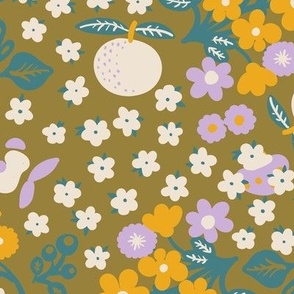 Retro blooming meadow in blush pink lila violet and olive green Large scale
