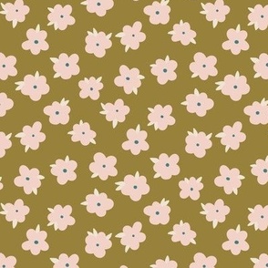 Retro wild roses in blush pink on olive green Small scale NON DIRECTIONAL