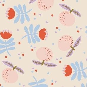 Retro apples with tulips in blush pink and baby blue on cream background Medium scale NON DIRECTIONAL