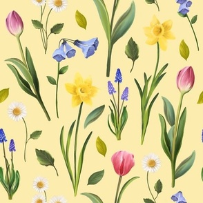 Bright  floral spring light yellow daffodil daisy fabric 