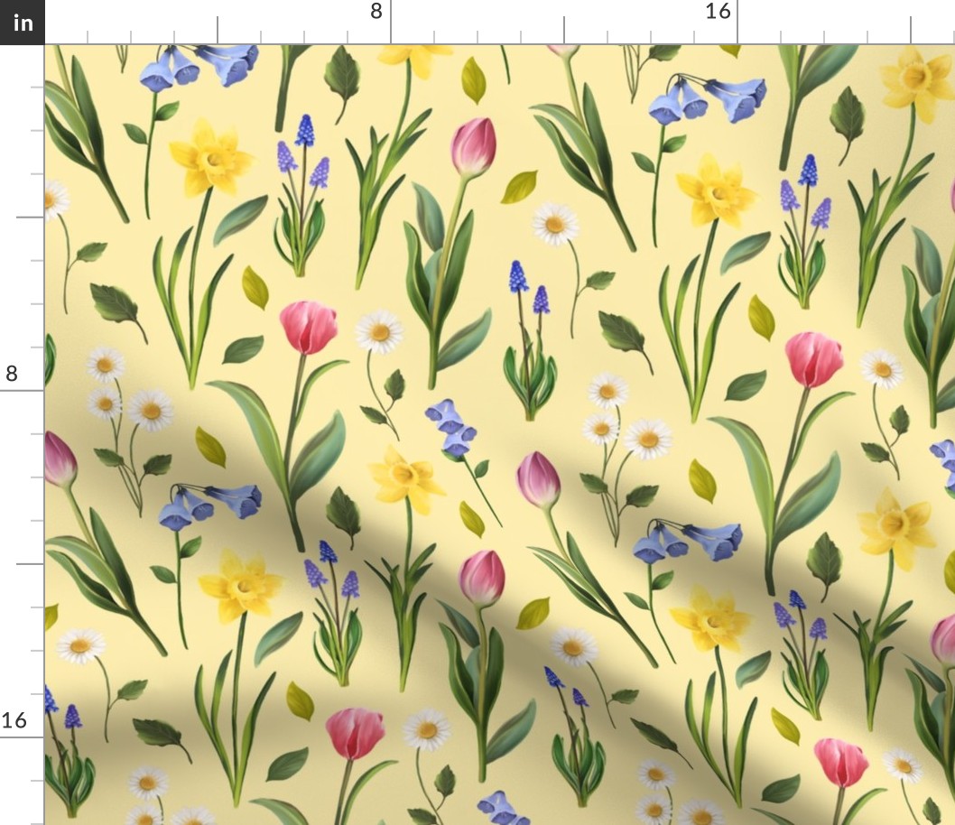 Bright  floral spring light yellow daffodil daisy fabric 