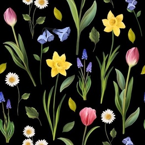 Bright  floral spring black daffodil daisy fabric 