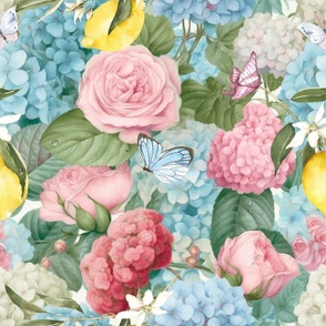Vintage flowers ,hydrangea,vintage roses,lemon,butterflies,floral ,summer pattern