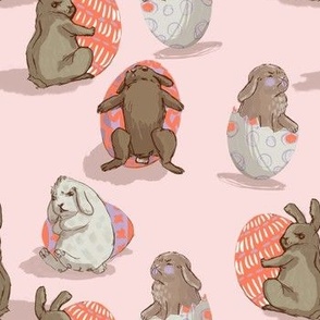 Cute Kitschy Bunnies Guarding Easter Eggs // neon orange and lilac on soft pink