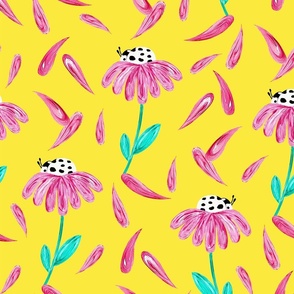 M - Hand-painted Acrylic Black and White Dotted Ladybug on Pink Coneflower_yellow