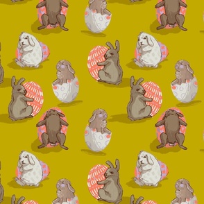 Cute Kitschy Bunnies Guarding Easter Eggs // neon orange and holo lilac on cyber lichen mustard green