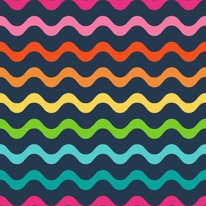 Large Scale Wavy Party Stripes Birthday Celebration Coordinate in Candy Rainbow Colors on Navy