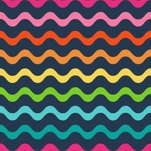 Medium Scale Wavy Party Stripes Birthday Celebration Coordinate in Candy Rainbow Colors on Navy