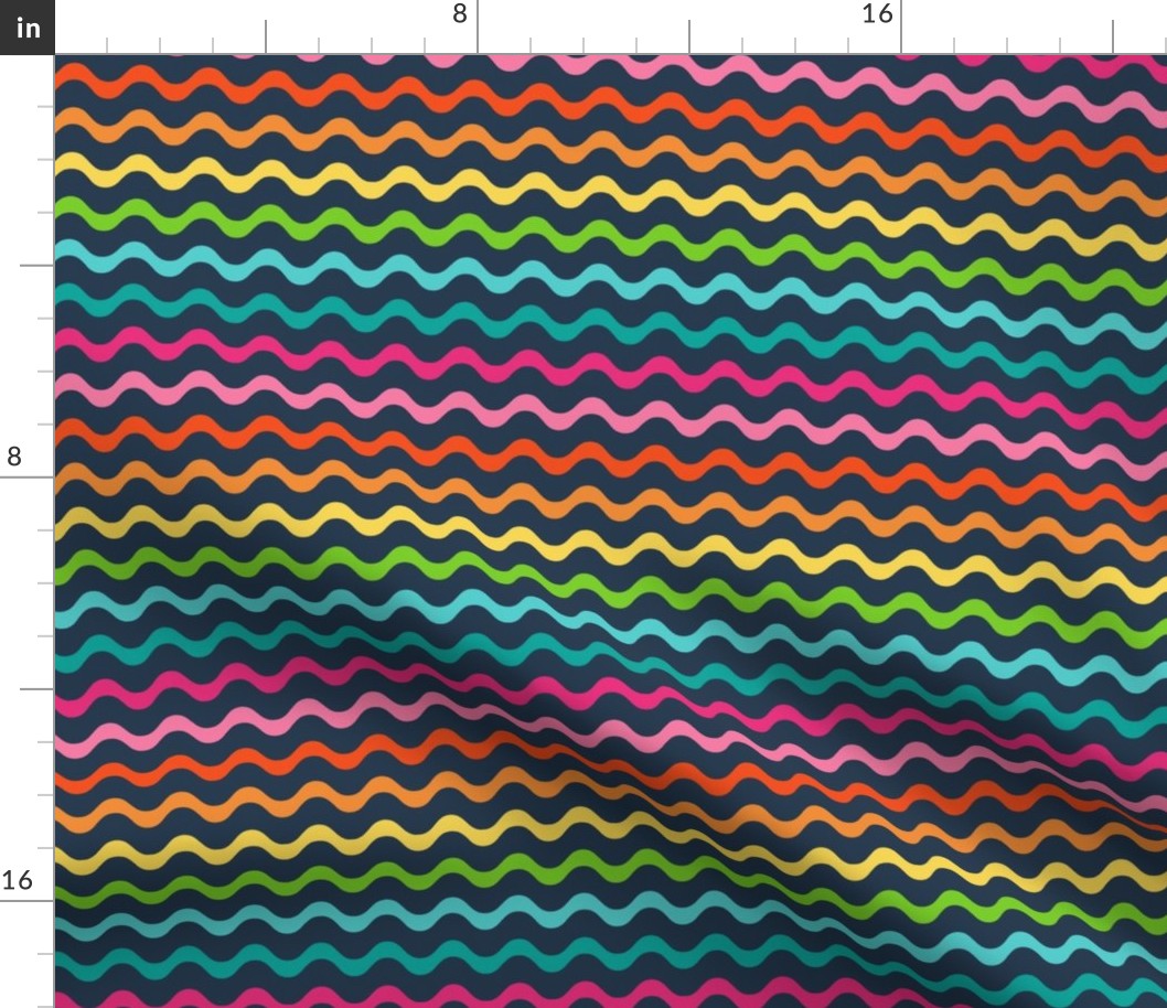 Medium Scale Wavy Party Stripes Birthday Celebration Coordinate in Candy Rainbow Colors on Navy