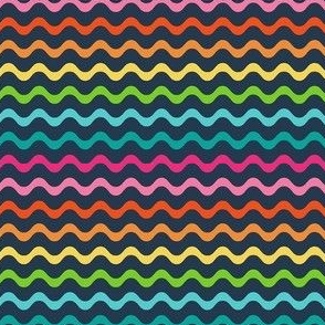 Small Scale Wavy Party Stripes Birthday Celebration Coordinate in Candy Rainbow Colors on Navy