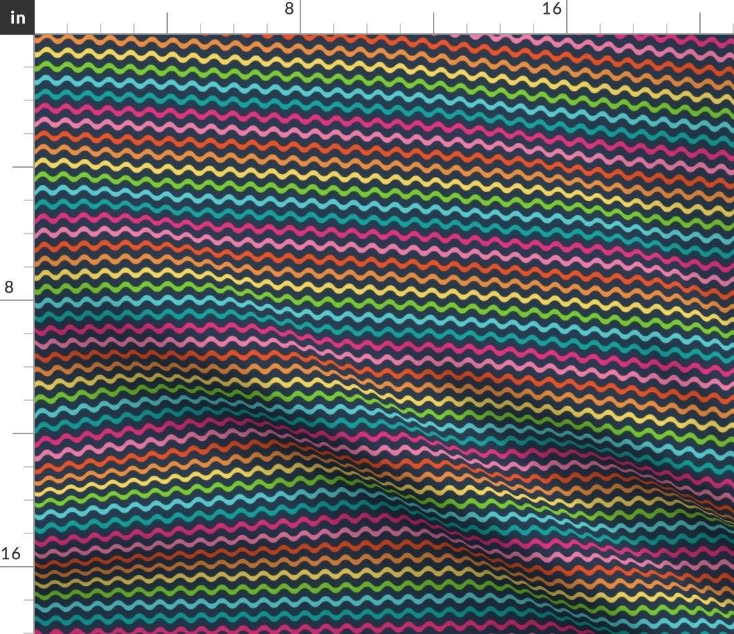 Small Scale Wavy Party Stripes Birthday Celebration Coordinate in Candy Rainbow Colors on Navy