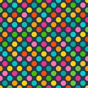 Medium Scale Party Polkadots Birthday Celebration Coordinate in Candy Rainbow Colors on Navy