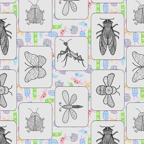 Hand drawn tangled bugs, ready to color, on bug background