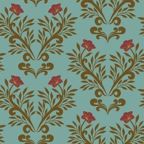 Sicily Damask in gold, turquoise and red.