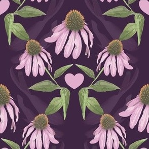 Retro Pink Daisy Floral Purple Cone Flower with Pink Hearts Green Leaves