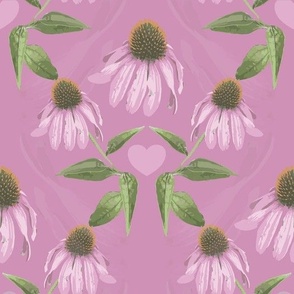 Modern Floral Pink Hearts Purple Cone Wildflower with Leafy Green Foliage