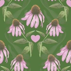 Modern Floral Pink Daisy Purple Cone Flower on Baby Pink and Leafy Green